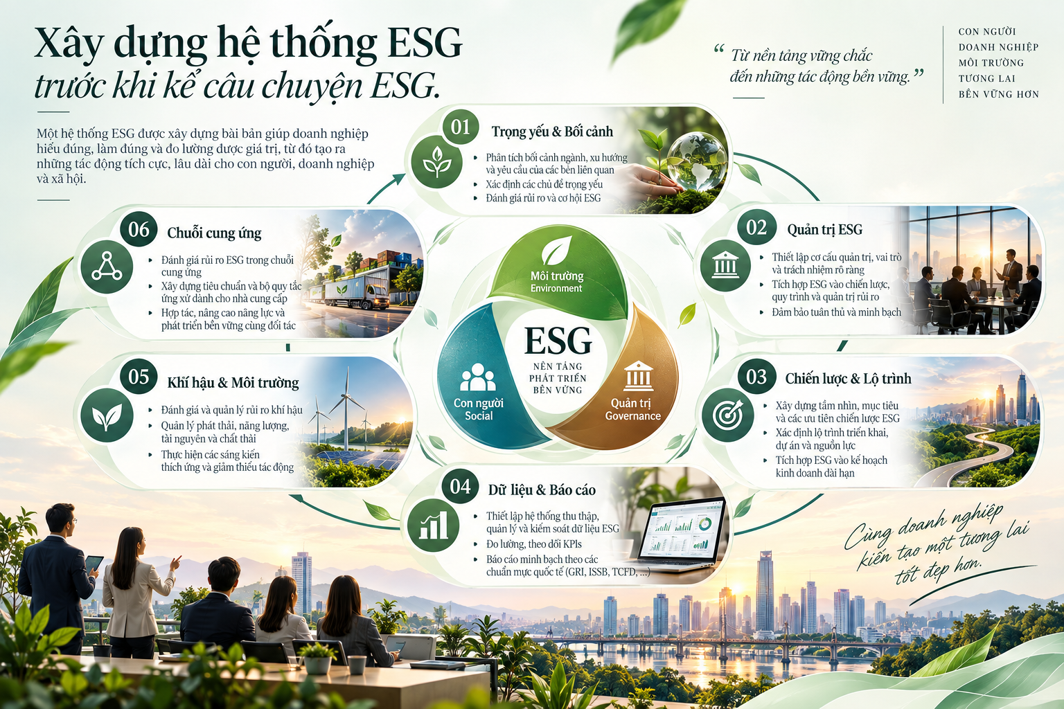 Sơ đồ hệ thống ESG với năm hợp phần: trọng yếu, quản trị, chiến lược, dữ liệu, khí hậu và chuỗi cung ứng